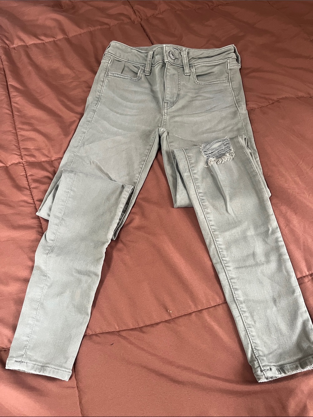 High-Rise Distressed Women’s Jeans in Light Sage Gray 00 Reg